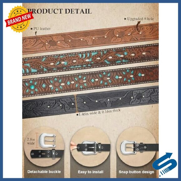 Western Belt with Carved Buckle, PU Leather, 9 Holes, Unisex main image 3